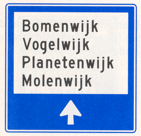 Wijkwegwijzer binnen de bebouwde kom, met wijknamen (in verkeersgebieden)
